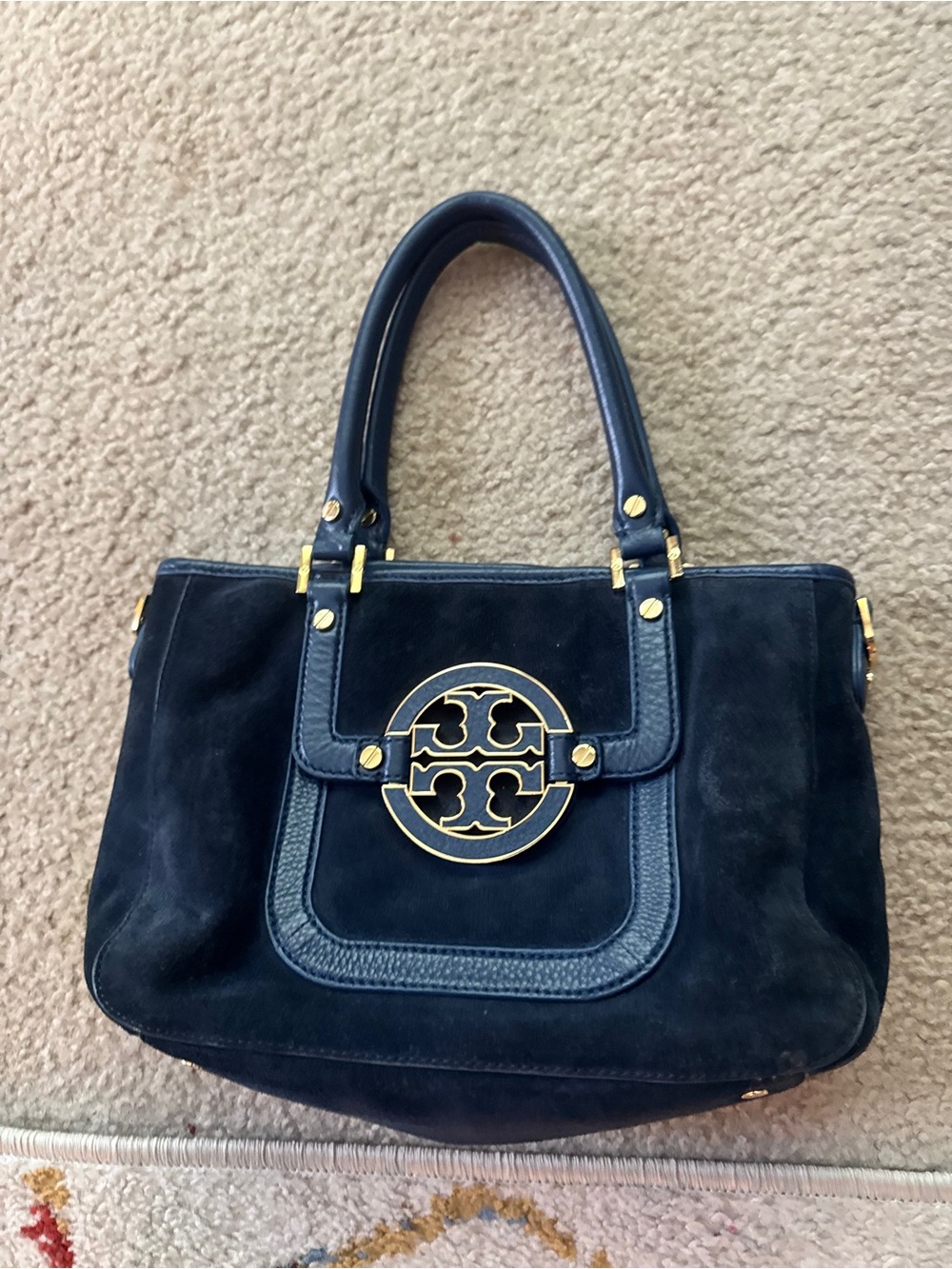 Tory Burch Navy Suede Shoulder Bag with Gold Logo